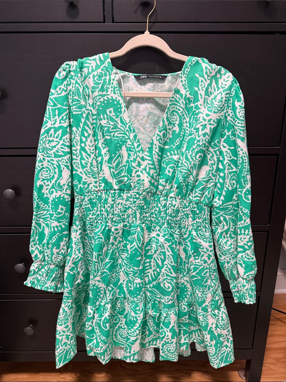 Zara Green & White Paisley Shirred-Waist Mini Dress